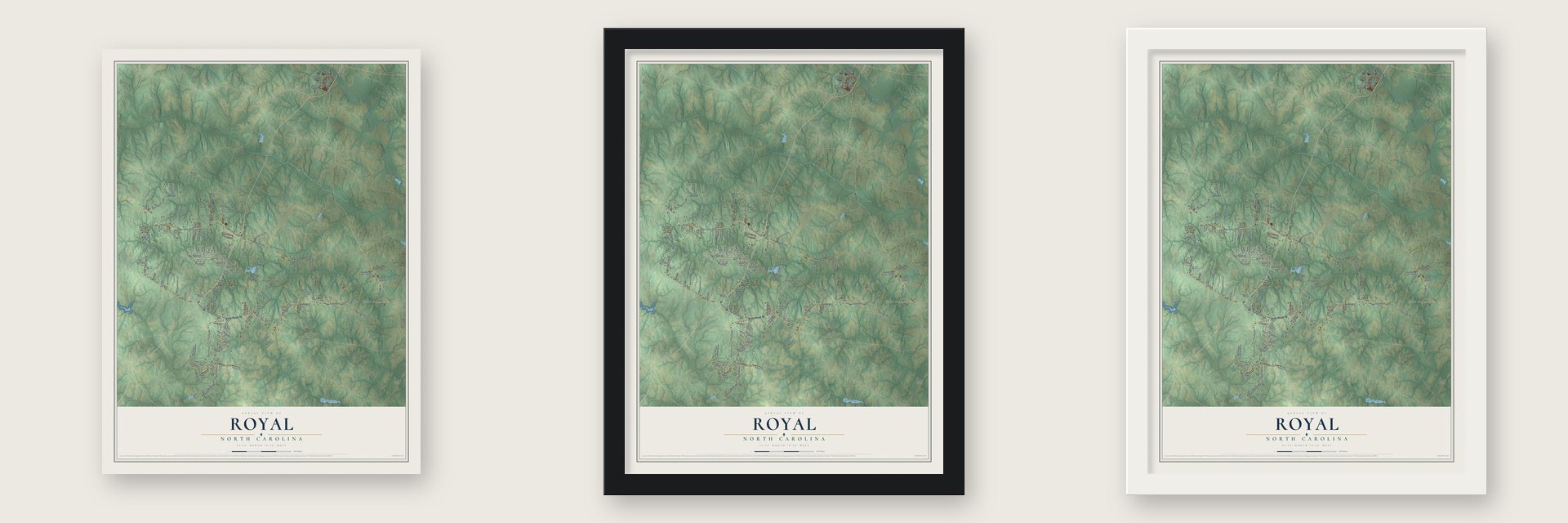 Royal, North Carolina map unframed, in a black wood frame and in a white wood frame