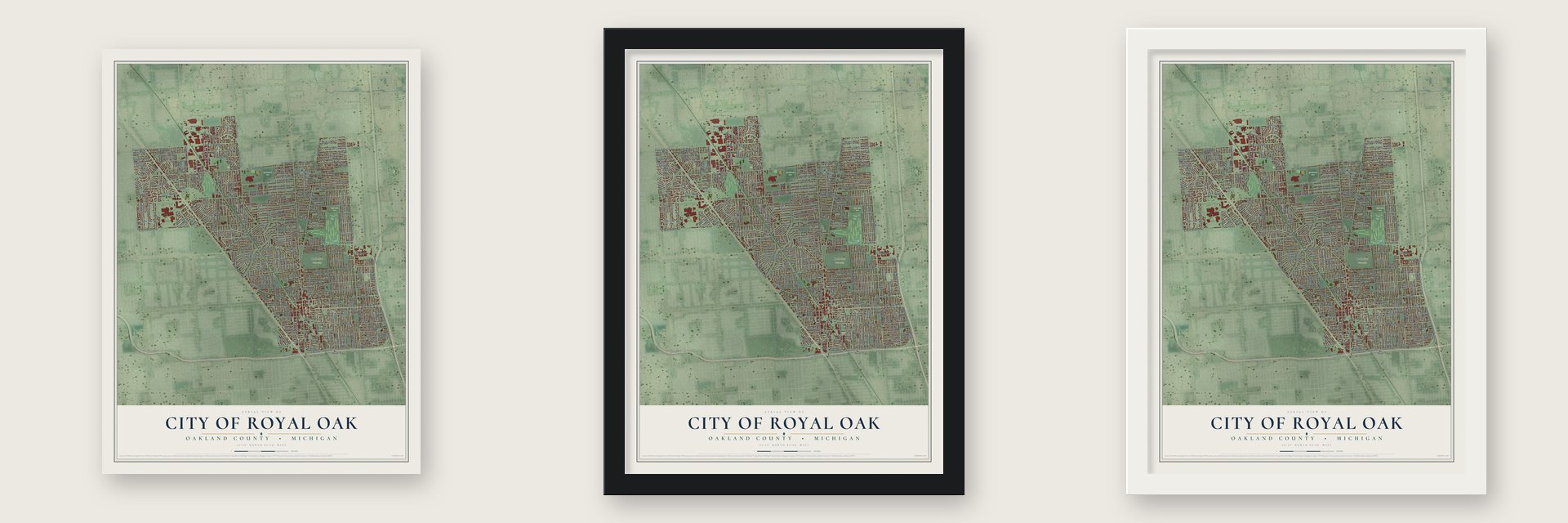 Royal Oak, Michigan map unframed, in a black wood frame and in a white wood frame