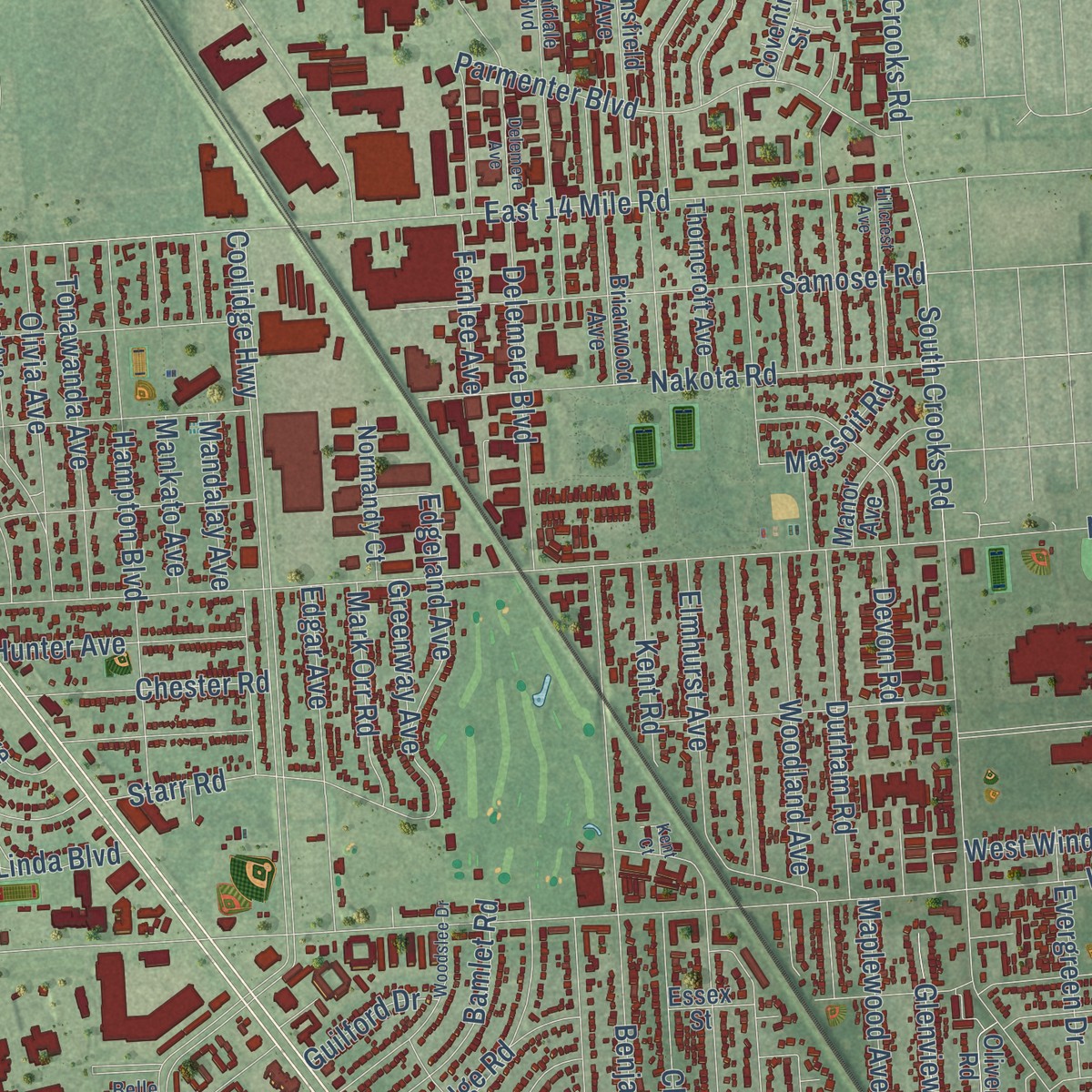Second close-up of the map of Royal Oak, Michigan print showing more streets and buildings