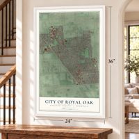 Royal Oak, Michigan map, 24 x 36 inch print in a white frame by a staircase
