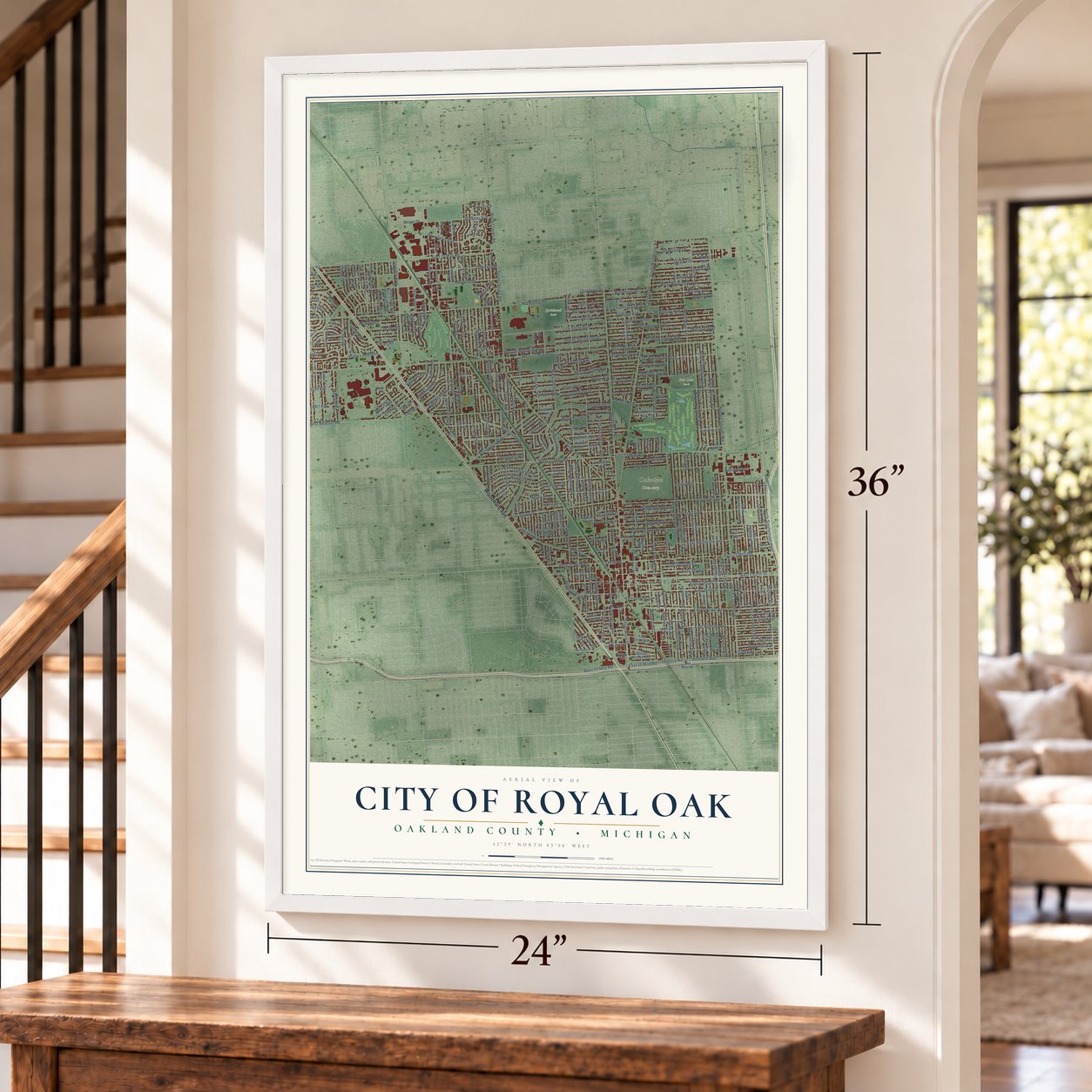 Royal Oak, Michigan map, 24 x 36 inch print in a white frame by a staircase