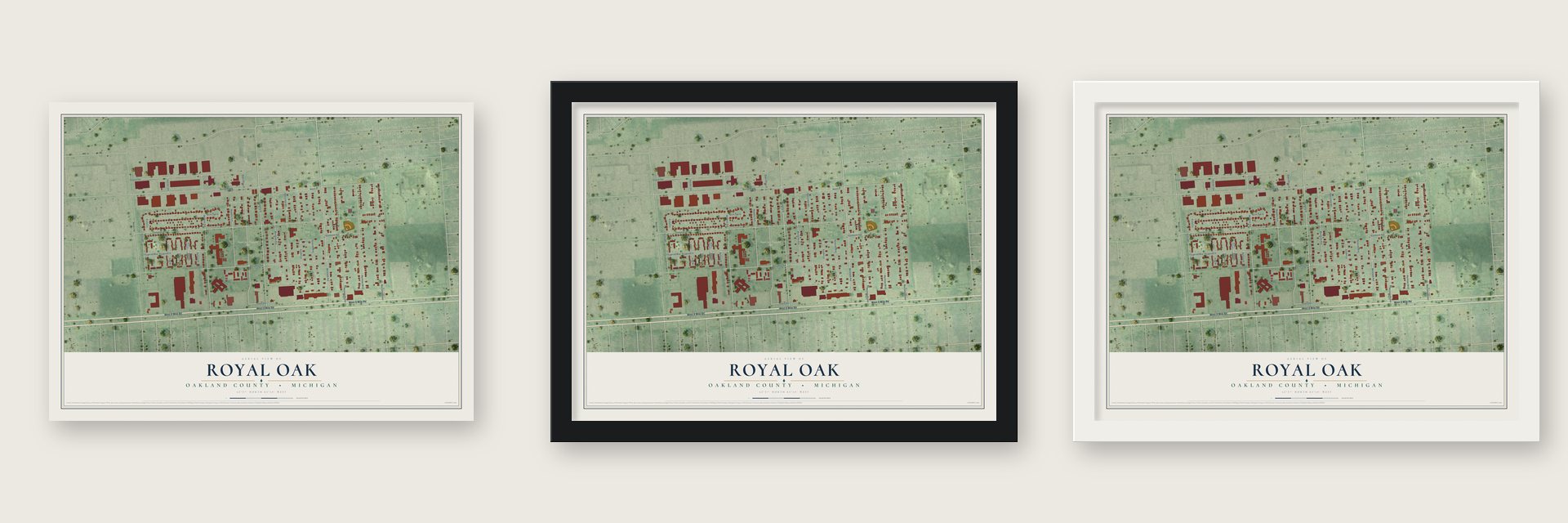 Royal Oak, Oakland County, Michigan map unframed, in a black wood frame and in a white wood frame