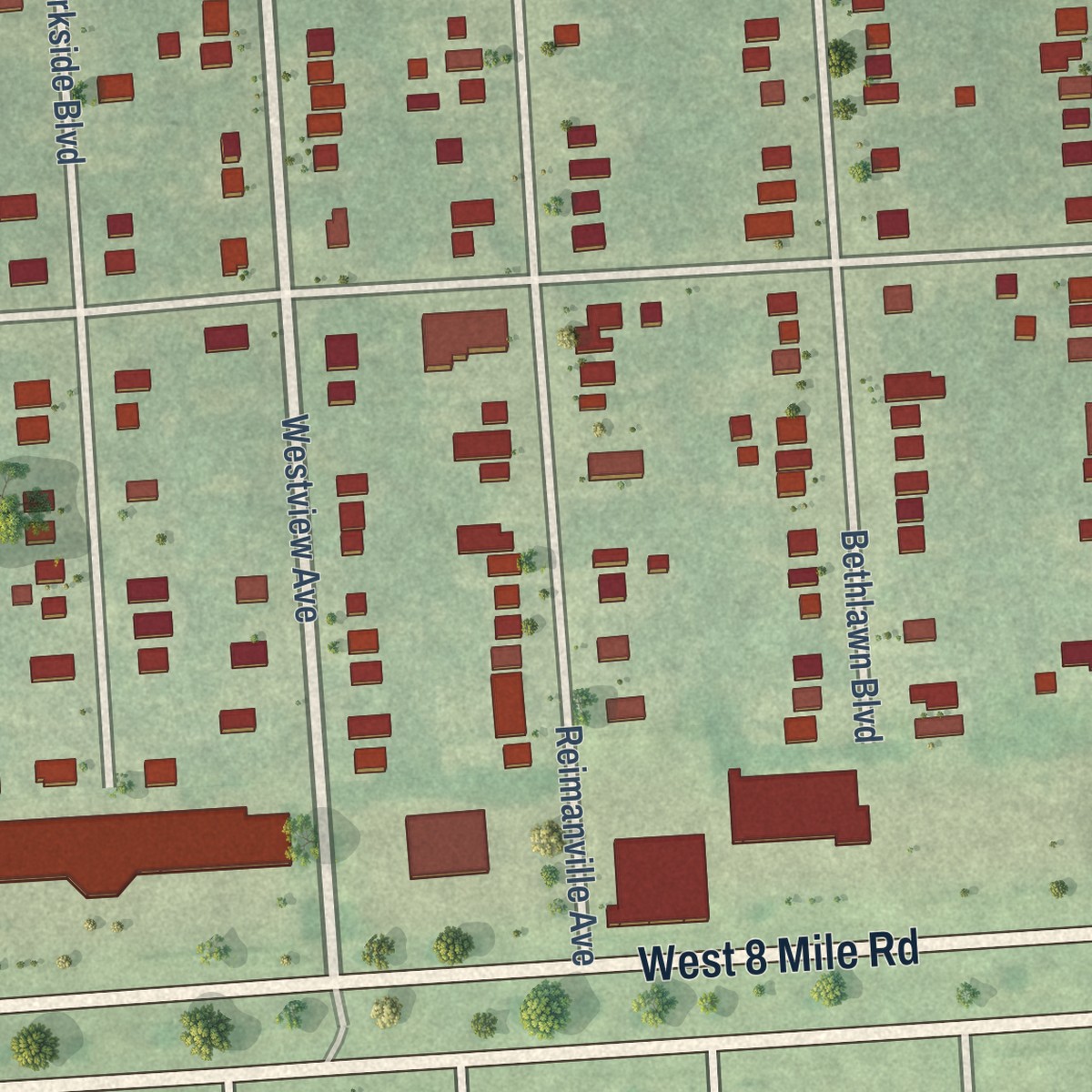 Second close-up of the map of Royal Oak, Oakland County, Michigan print showing more streets and buildings