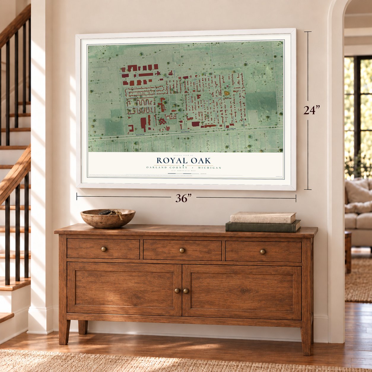 Royal Oak, Oakland County, Michigan map, 24 x 36 inch print in a white frame above a dresser by a staircase