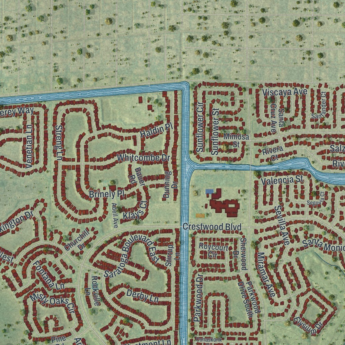 Second close-up of the map of Royal Palm Beach, Florida print showing more streets and buildings