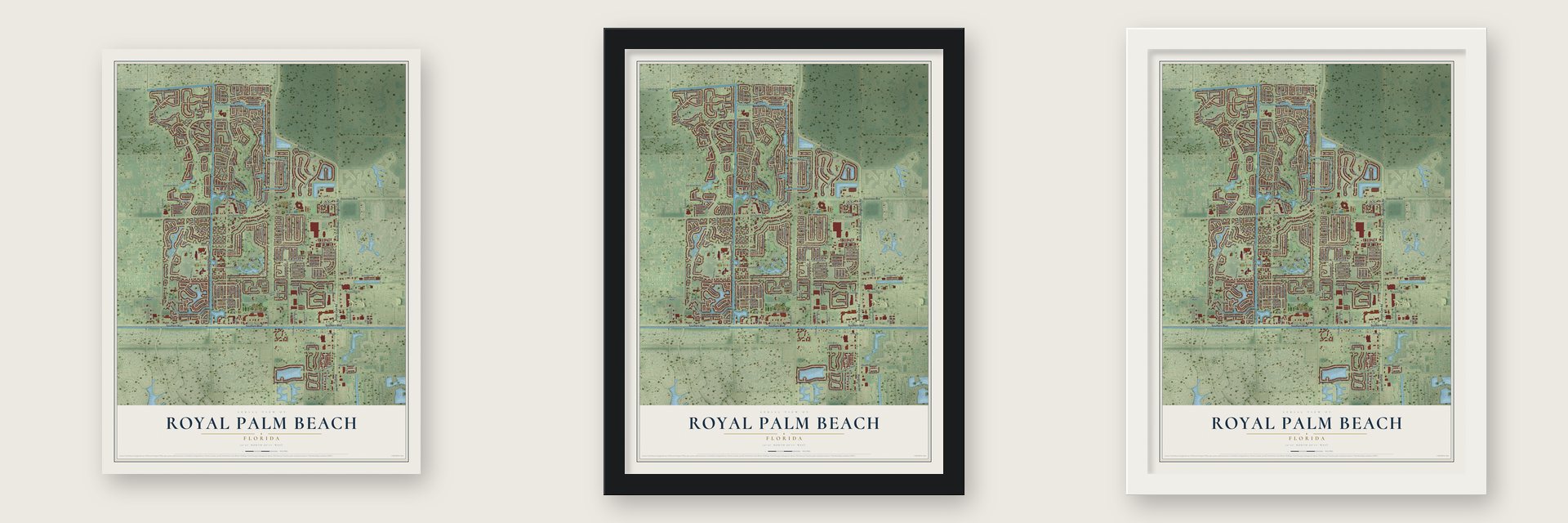 Royal Palm Beach, Florida map unframed, in a black wood frame and in a white wood frame