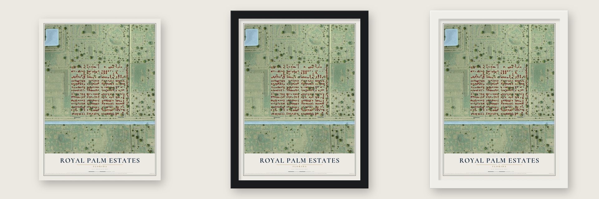 Royal Palm Estates, Florida map unframed, in a black wood frame and in a white wood frame