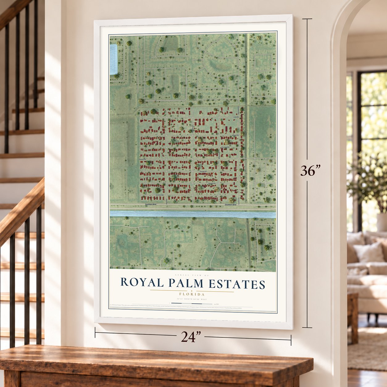 Royal Palm Estates, Florida map, 24 x 36 inch print in a white frame by a staircase