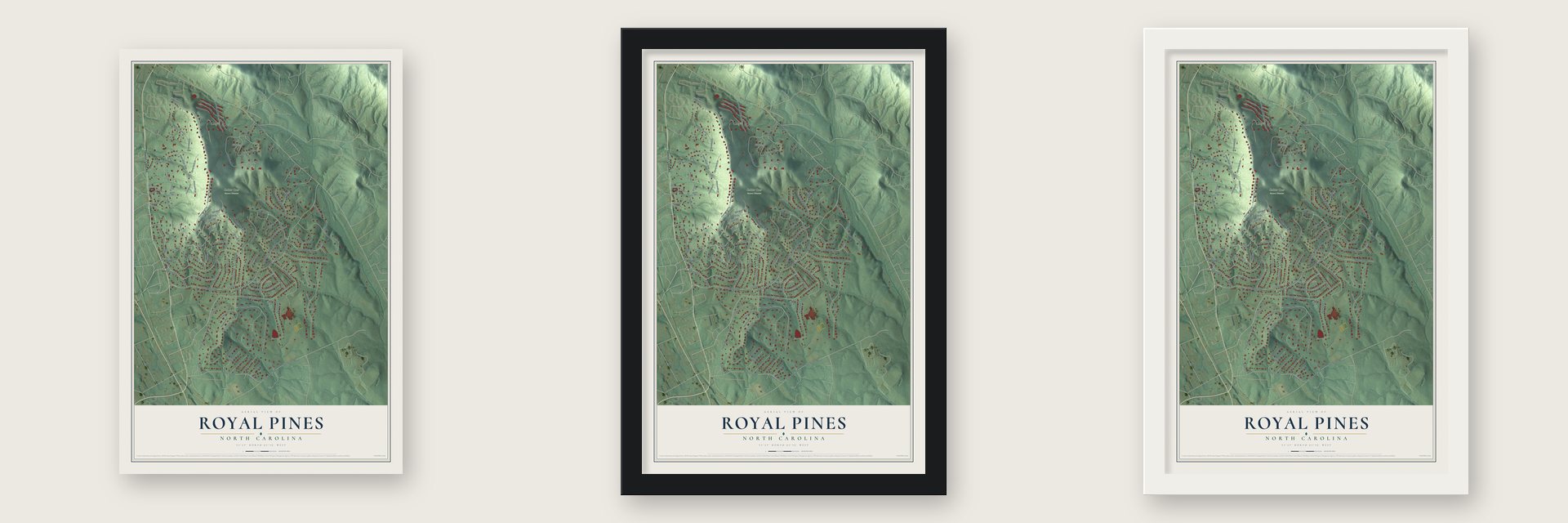 Royal Pines, North Carolina map unframed, in a black wood frame and in a white wood frame
