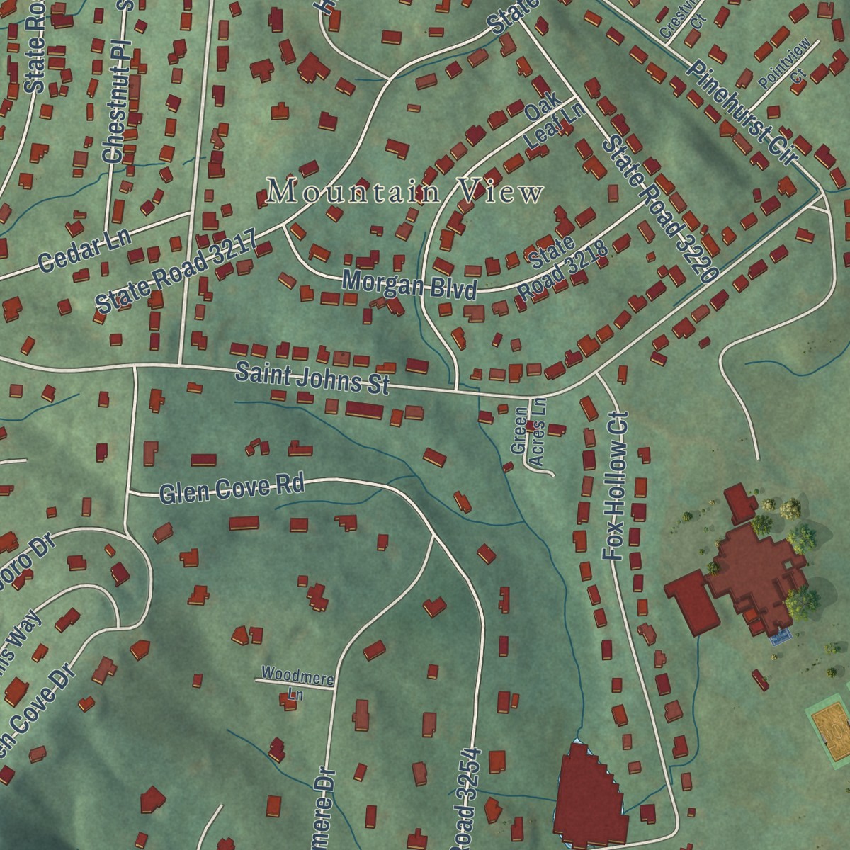 Second close-up of the map of Royal Pines, North Carolina print showing more streets and buildings