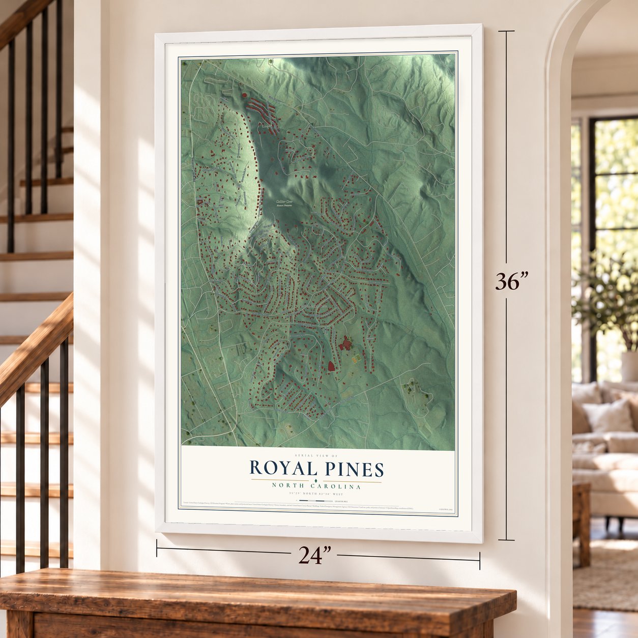 Royal Pines, North Carolina map, 24 x 36 inch print in a white frame by a staircase