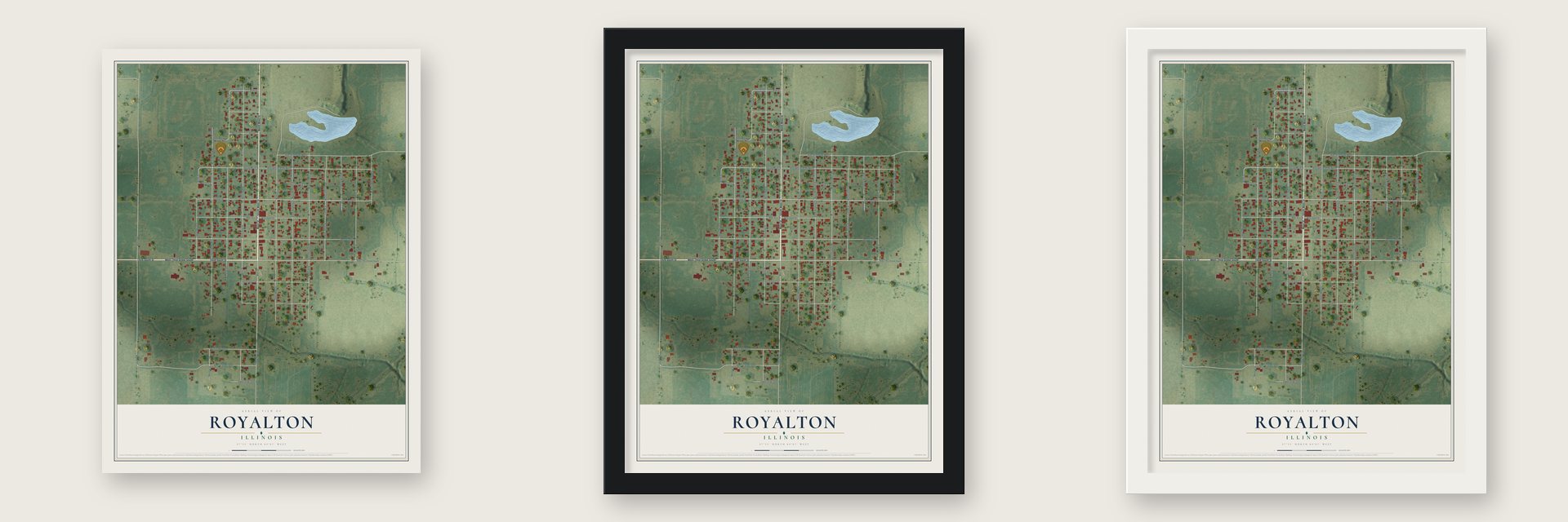 Royalton, Illinois map unframed, in a black wood frame and in a white wood frame