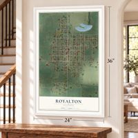 Royalton, Illinois map, 24 x 36 inch print in a white frame by a staircase