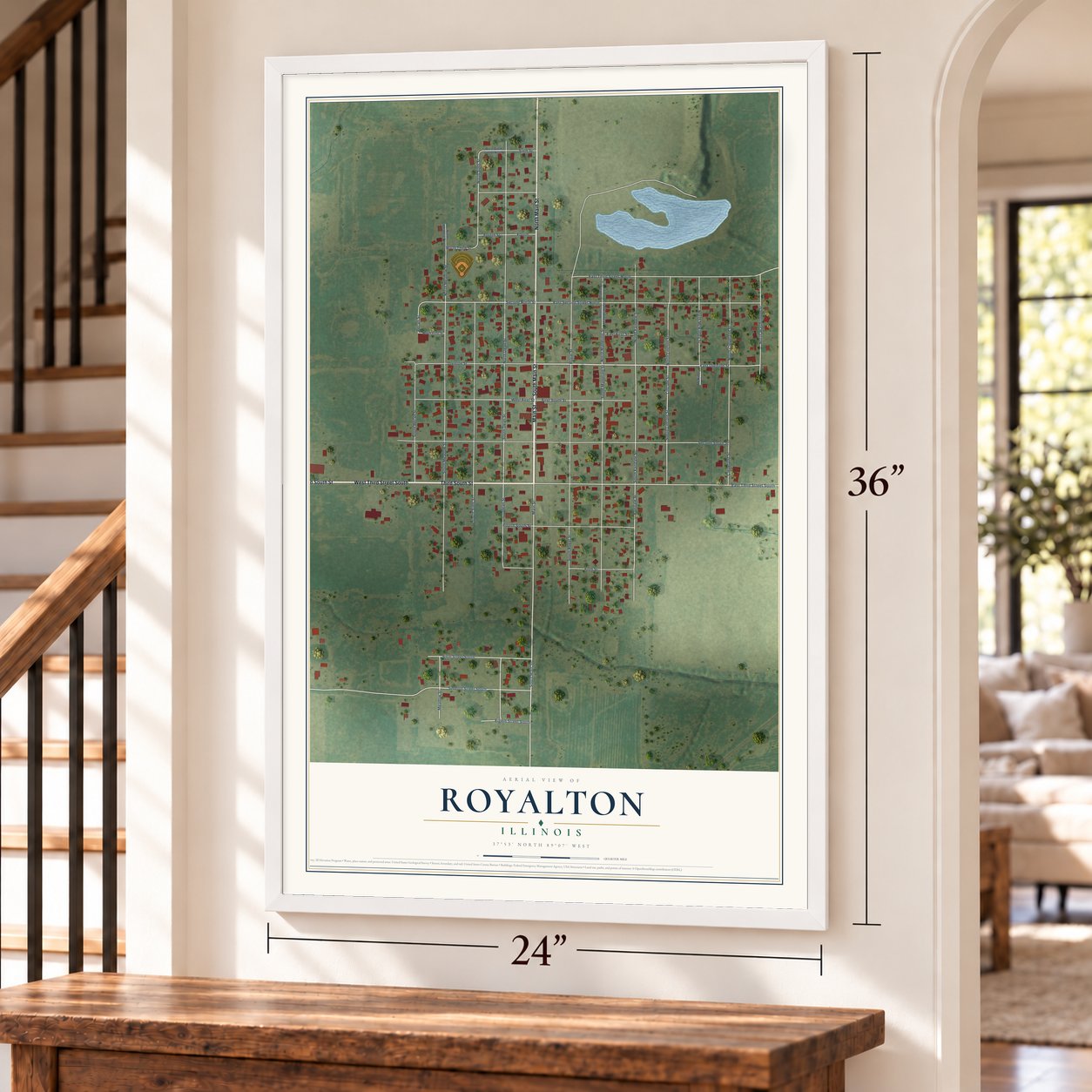 Royalton, Illinois map, 24 x 36 inch print in a white frame by a staircase