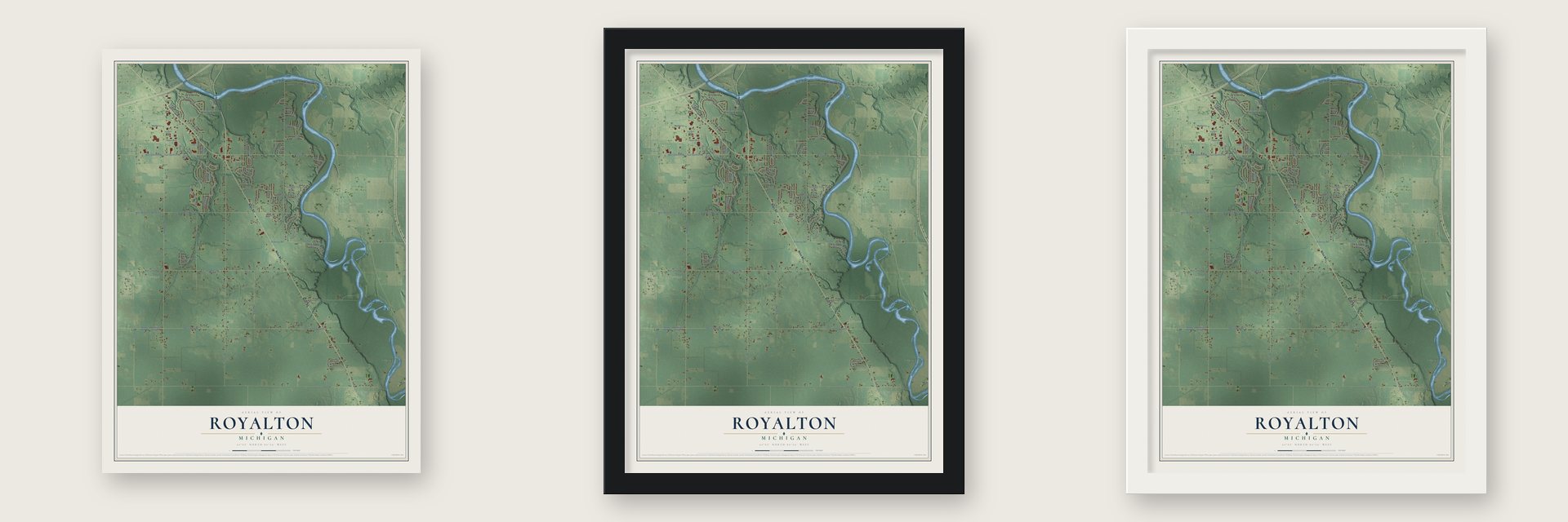 Royalton, Michigan map unframed, in a black wood frame and in a white wood frame