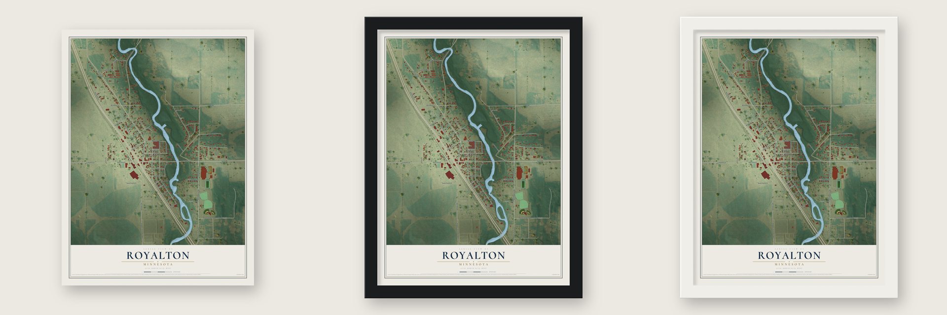 Royalton, Minnesota map unframed, in a black wood frame and in a white wood frame