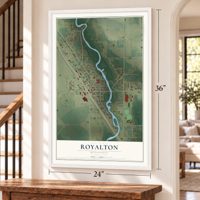 Royalton, Minnesota map, 24 x 36 inch print in a white frame by a staircase