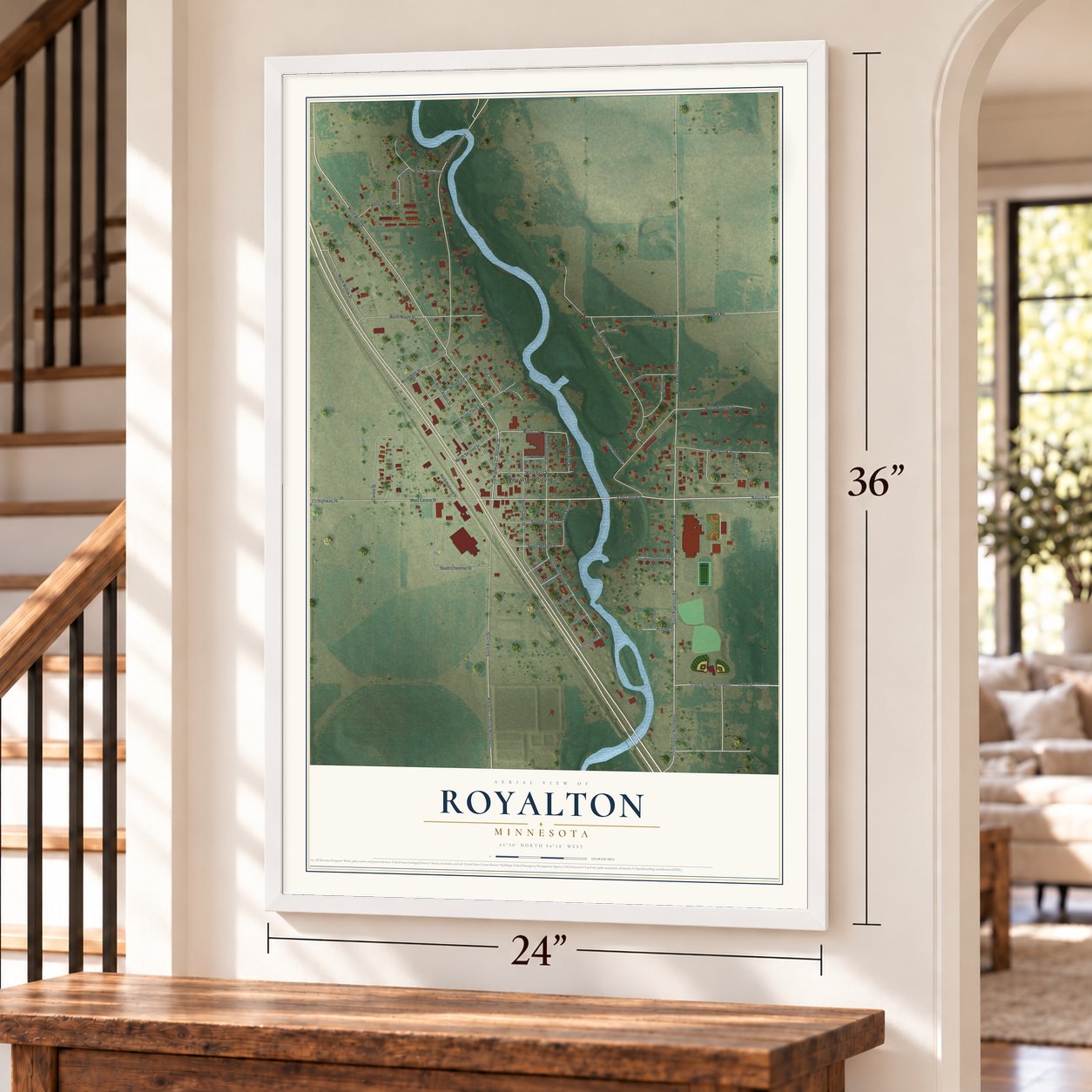 Royalton, Minnesota map, 24 x 36 inch print in a white frame by a staircase