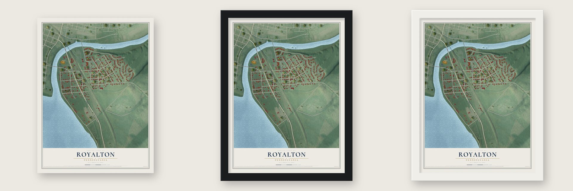 Royalton, Pennsylvania map unframed, in a black wood frame and in a white wood frame