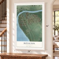 Royalton, Pennsylvania map, 24 x 36 inch print in a white frame by a staircase