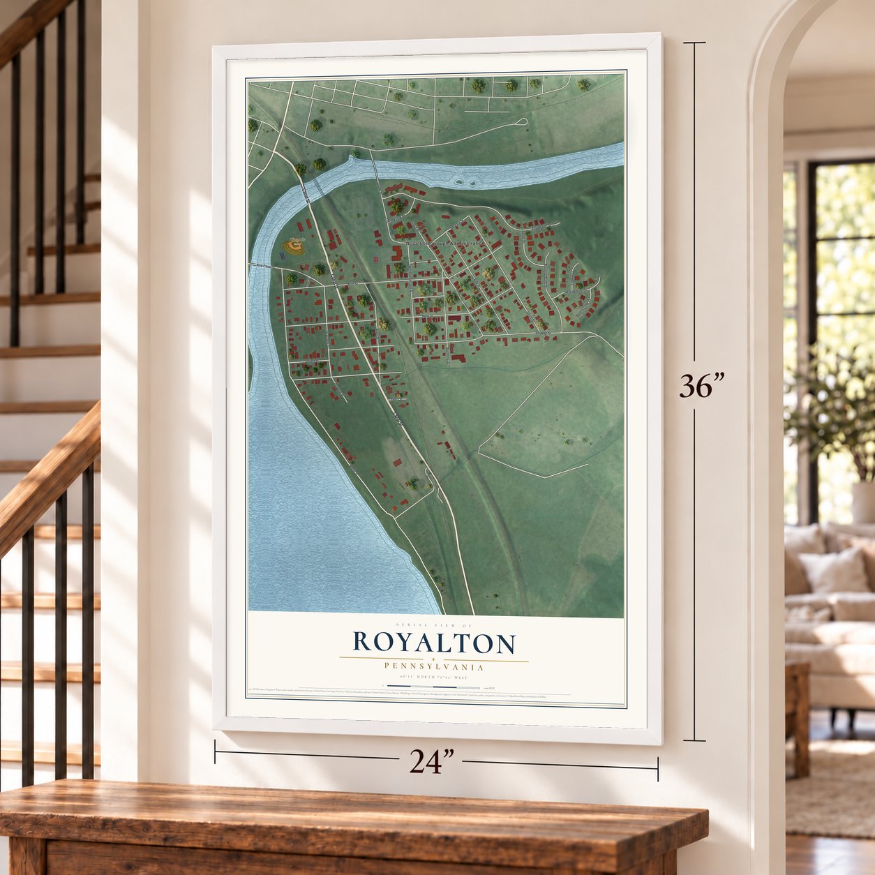 Royalton, Pennsylvania map, 24 x 36 inch print in a white frame by a staircase