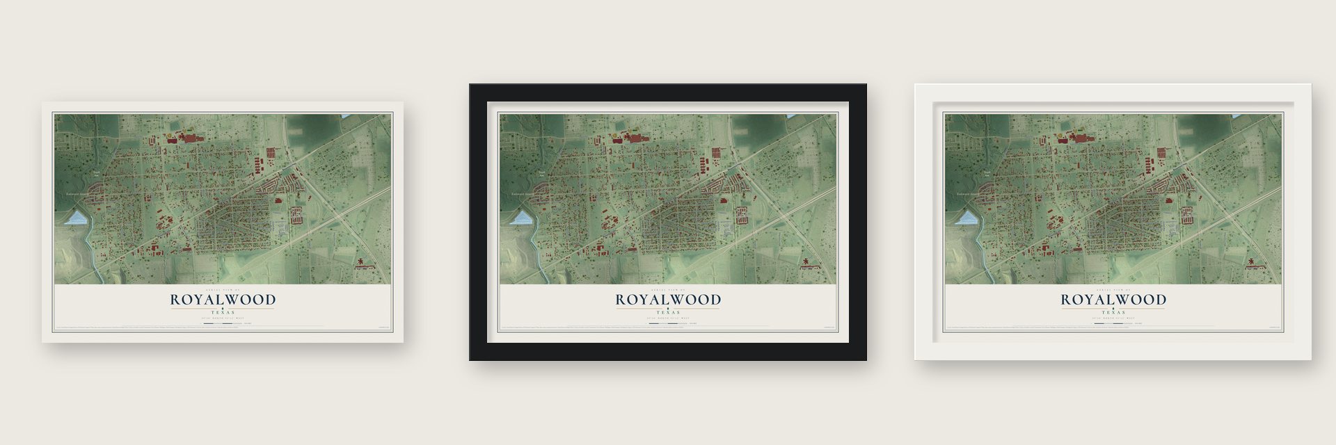Royalwood, Texas map unframed, in a black wood frame and in a white wood frame