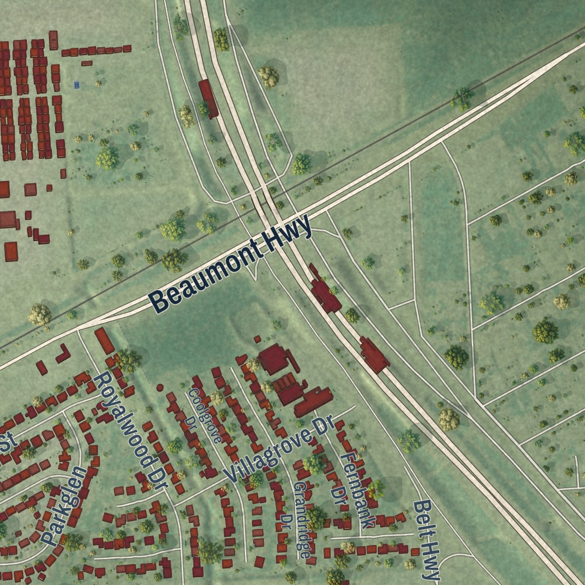 Second close-up of the map of Royalwood, Texas print showing more streets and buildings
