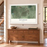 Royalwood, Texas map, 24 x 36 inch print in a white frame above a dresser by a staircase