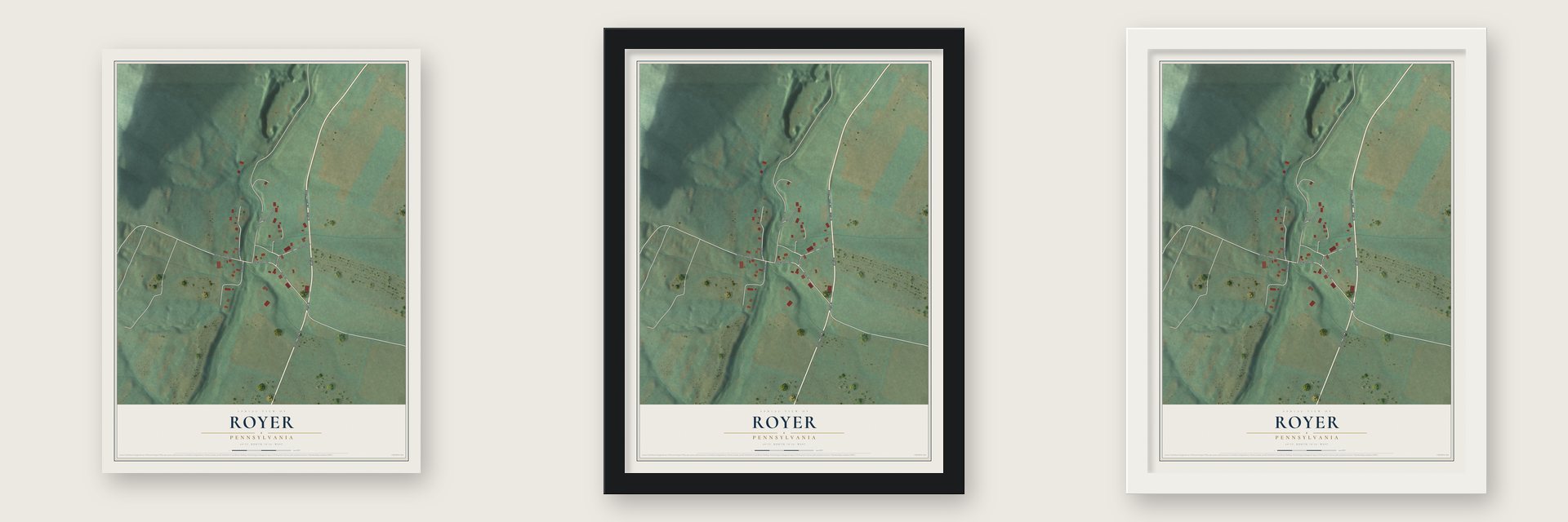 Royer, Pennsylvania map unframed, in a black wood frame and in a white wood frame