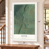 Royer, Pennsylvania map, 24 x 36 inch print in a white frame by a staircase