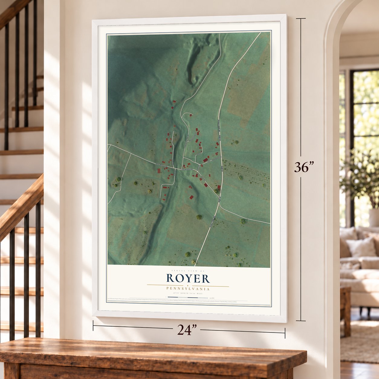 Royer, Pennsylvania map, 24 x 36 inch print in a white frame by a staircase