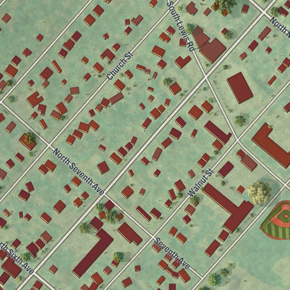 Second close-up of the map of Royersford, Pennsylvania print showing more streets and buildings