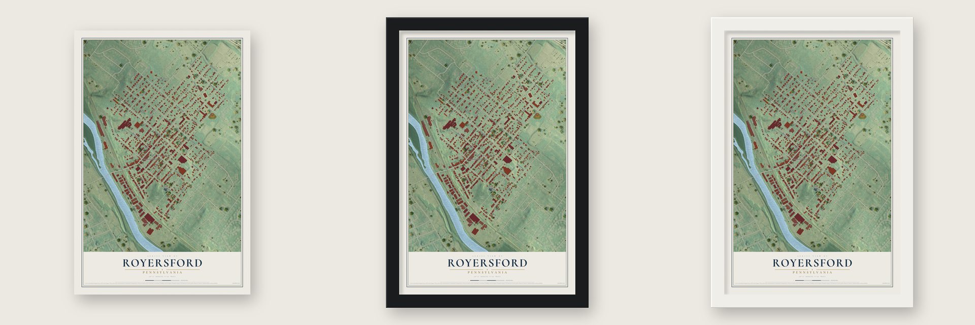 Royersford, Pennsylvania map unframed, in a black wood frame and in a white wood frame