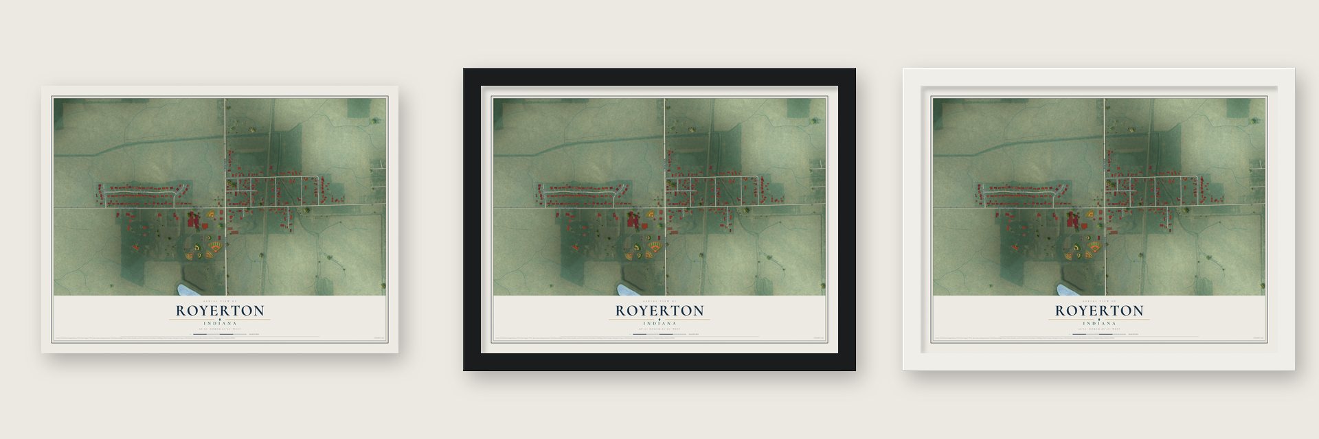 Royerton, Indiana map unframed, in a black wood frame and in a white wood frame