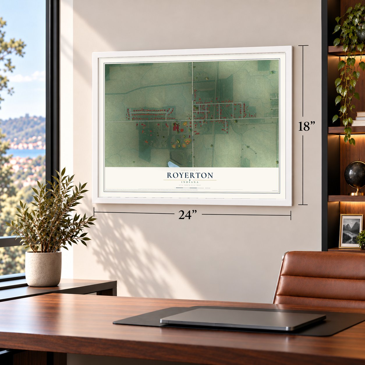 Royerton, Indiana map, 18 x 24 inch print in a white frame in a home office