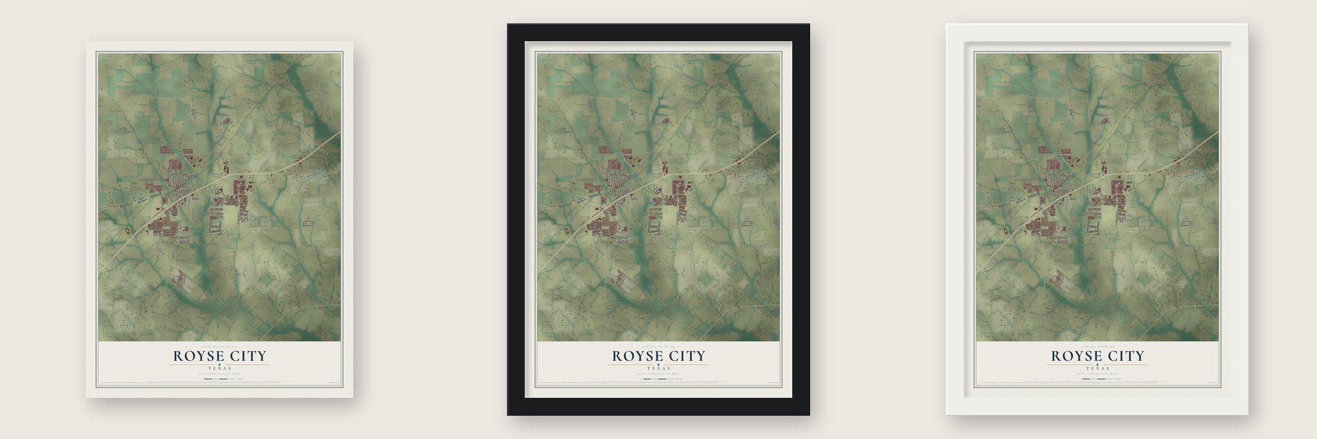 Royse City, Texas map unframed, in a black wood frame and in a white wood frame