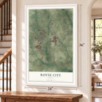 Royse City, Texas map, 24 x 36 inch print in a white frame by a staircase