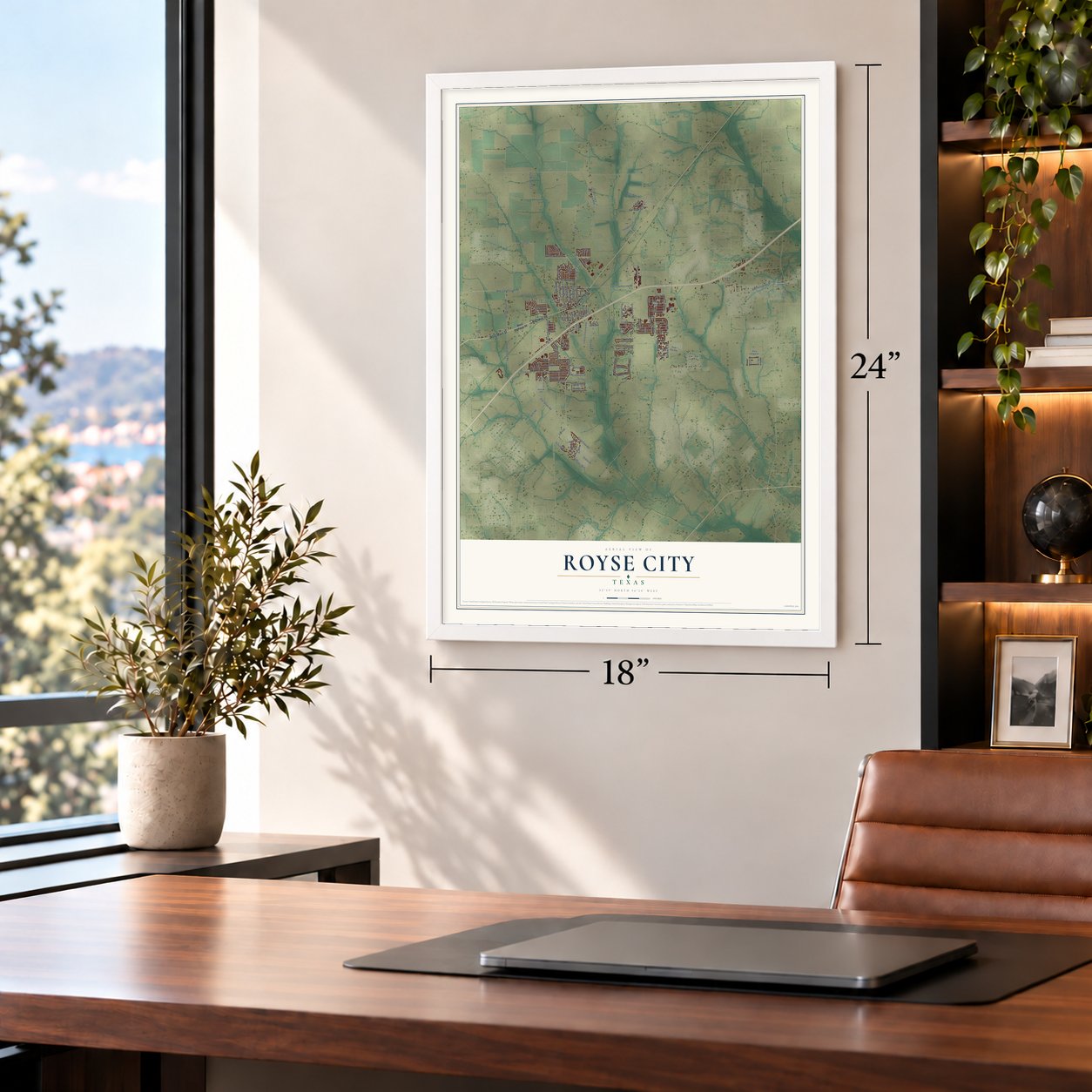 Royse City, Texas map, 18 x 24 inch print in a white frame in a home office