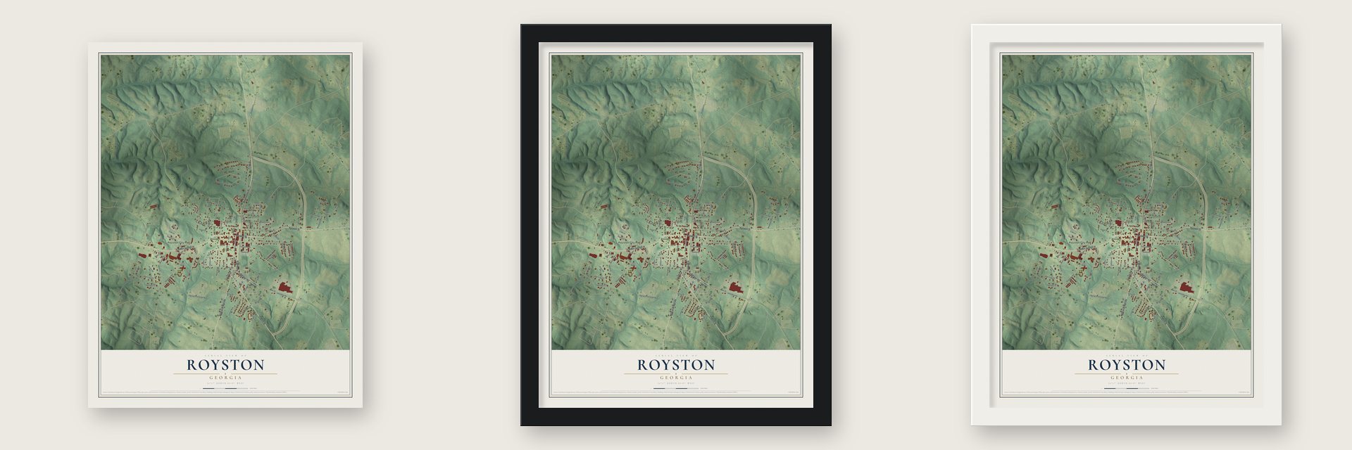 Royston, Georgia map unframed, in a black wood frame and in a white wood frame