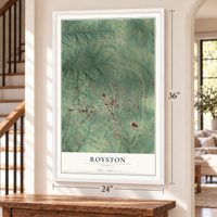 Royston, Georgia map, 24 x 36 inch print in a white frame by a staircase