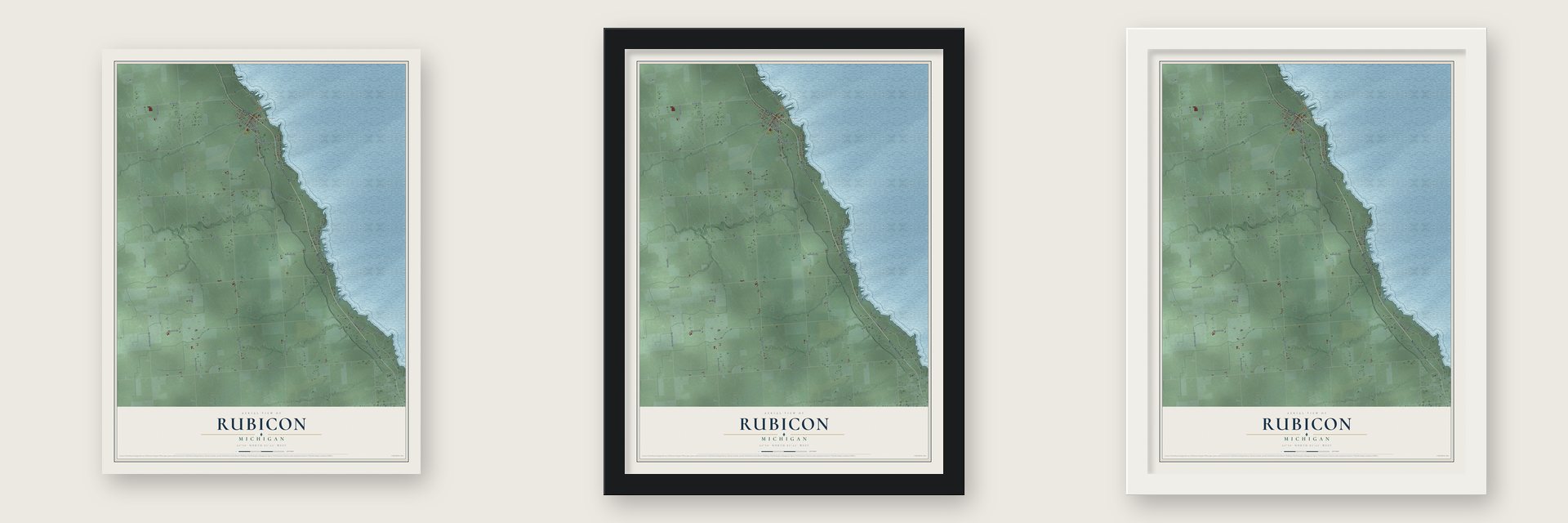 Rubicon, Michigan map unframed, in a black wood frame and in a white wood frame
