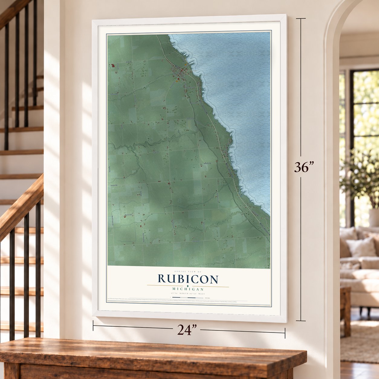 Rubicon, Michigan map, 24 x 36 inch print in a white frame by a staircase