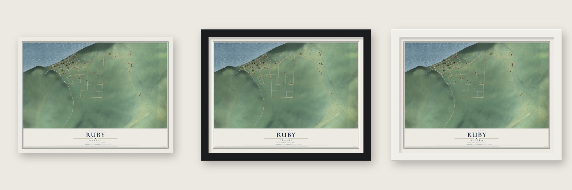 Ruby, Alaska map unframed, in a black wood frame and in a white wood frame