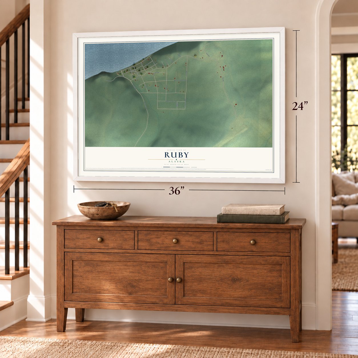 Ruby, Alaska map, 24 x 36 inch print in a white frame above a dresser by a staircase