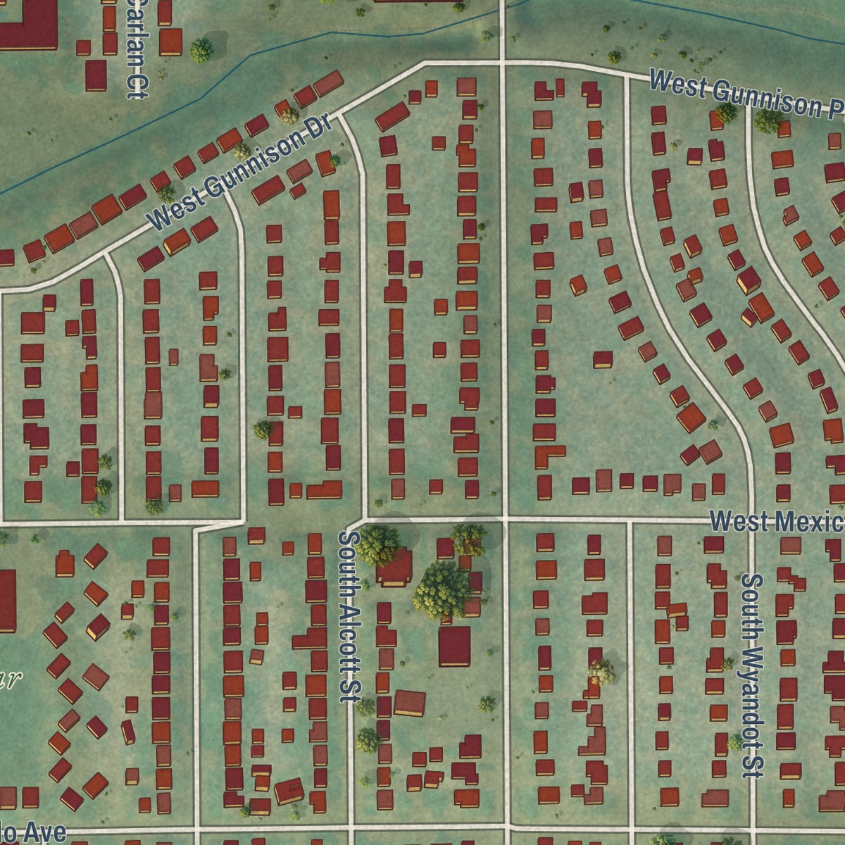 Second close-up of the map of Ruby Hill, Colorado print showing more streets and buildings