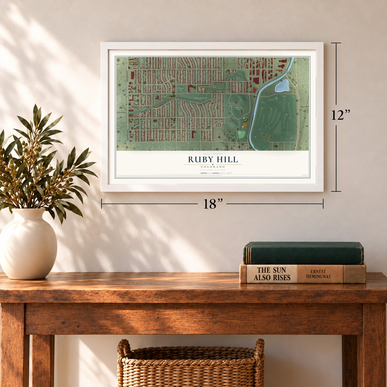 Ruby Hill, Colorado map, 12 x 18 inch print in a white frame in an entryway