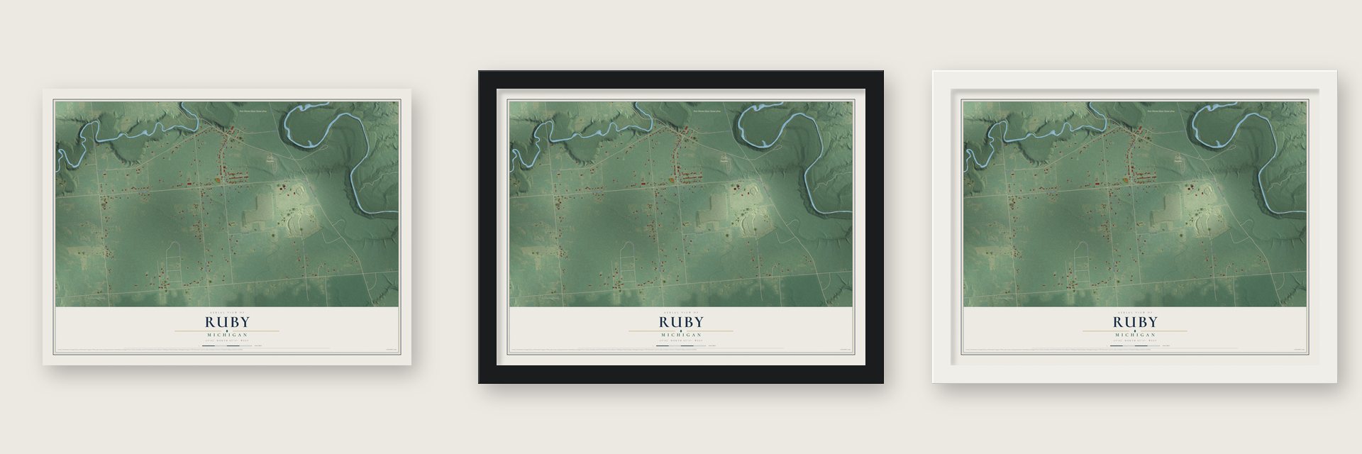 Ruby, Michigan map unframed, in a black wood frame and in a white wood frame