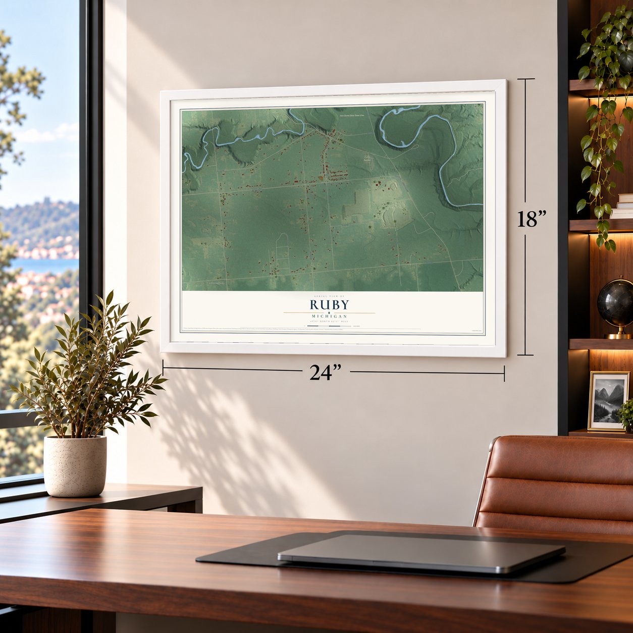 Ruby, Michigan map, 18 x 24 inch print in a white frame in a home office