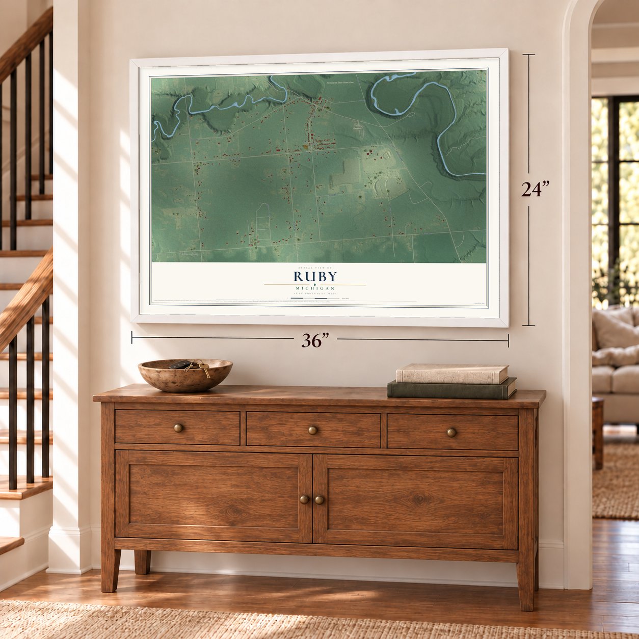 Ruby, Michigan map, 24 x 36 inch print in a white frame above a dresser by a staircase