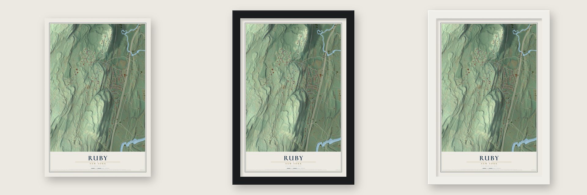 Ruby, New York map unframed, in a black wood frame and in a white wood frame